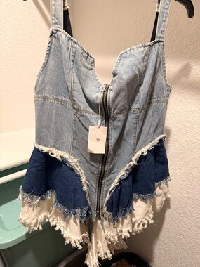 Denim Tiered Fray-Hem Women's Jeans Dress - Light & Dark Blue